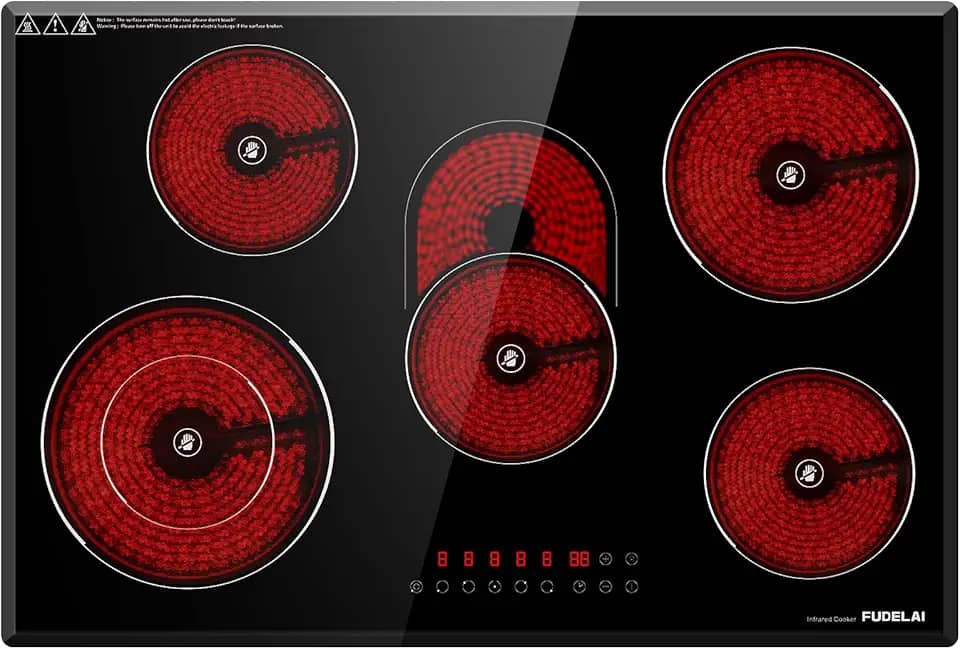FUDELAI Cooktop Elétrico De 30" Com 5 Bocas, Fogão Infravermelho 8500 W Controle Toque E Temporizador, Embutido/De Bancada, 9 Níveis Potência, Trava Para Crianças, Segurança Automática, Vidro Fácil
