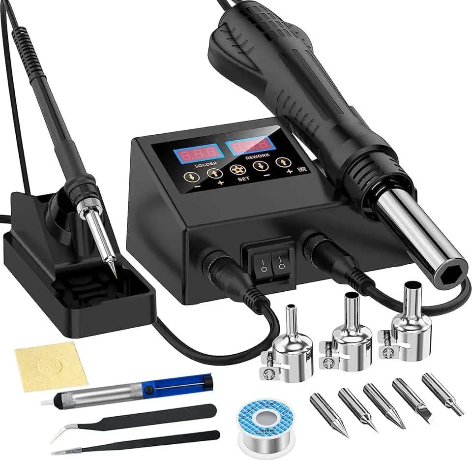 Kit de estação de retrabalho de ar quente 2 em 1, ferro de solda com display digital duplo, ar quente, aquecimento rápido, com 5 pontas de ferro de solda, 3 bicos de ar quente, pinça