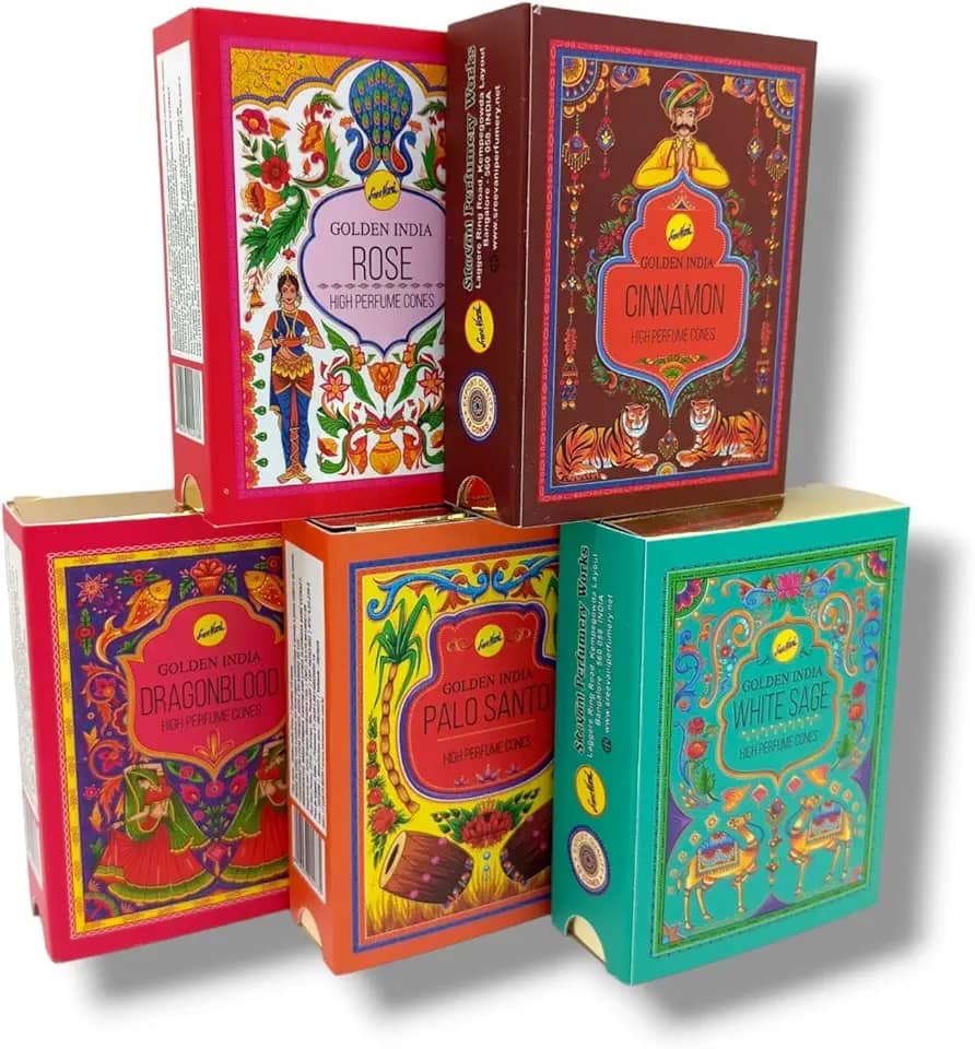 Kit Xamânico Incenso Cascata Golden Índia Sreevani com 5 caixas 50 cones