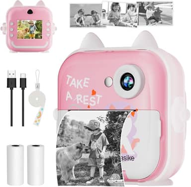 Basike Câmera Infantil Digital e Instantânea 20MP 1080P, Tela 2,4" IPS, Zoom 6X, Impressão Térmica 200 dpi, Vídeo, Time-Lapse, Jogos Educativos, Portátil com Papel de Impressão – Rosa