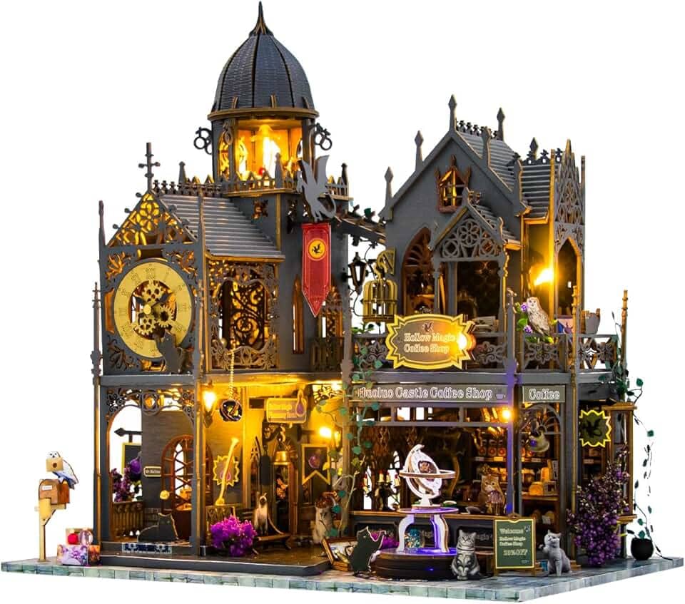 Castelo Mágico DIY - Conjunto de Móveis de Madeira em Miniatura com Kit de Iluminação e Caixa de Música, Para Crianças a Partir de 14 Anos e Adultos