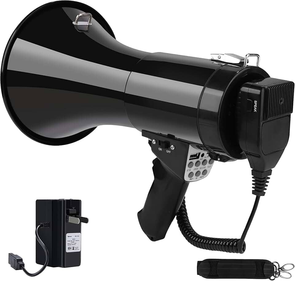 Megafone Bullhorn Bluetooth 50W com bateria recarregável - Mega telefone profissional com sirene e gravação 240s suporta USB/TF/entrada auxiliar de 3,5 mm - alcance de 1600 metros para atividades