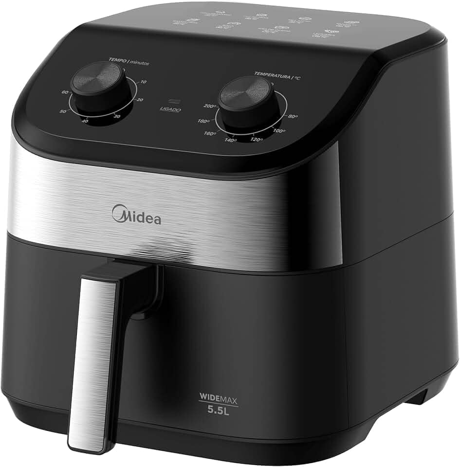 Fritadeira Midea Air Fryer 5,5L, design de dois botões, ampla faixa de temperatura de 80°C a 200°C, cesto antiaderente e prato para vegetais, 1900W, 110V, FWM55P1