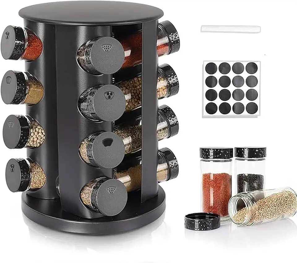 Porta Temperos Giratório com 16 Potes de Vidro Preto - Organizador de Condimentos 360° com Tampa, 3 Tipos de Dosagem, Prático para Cozinha