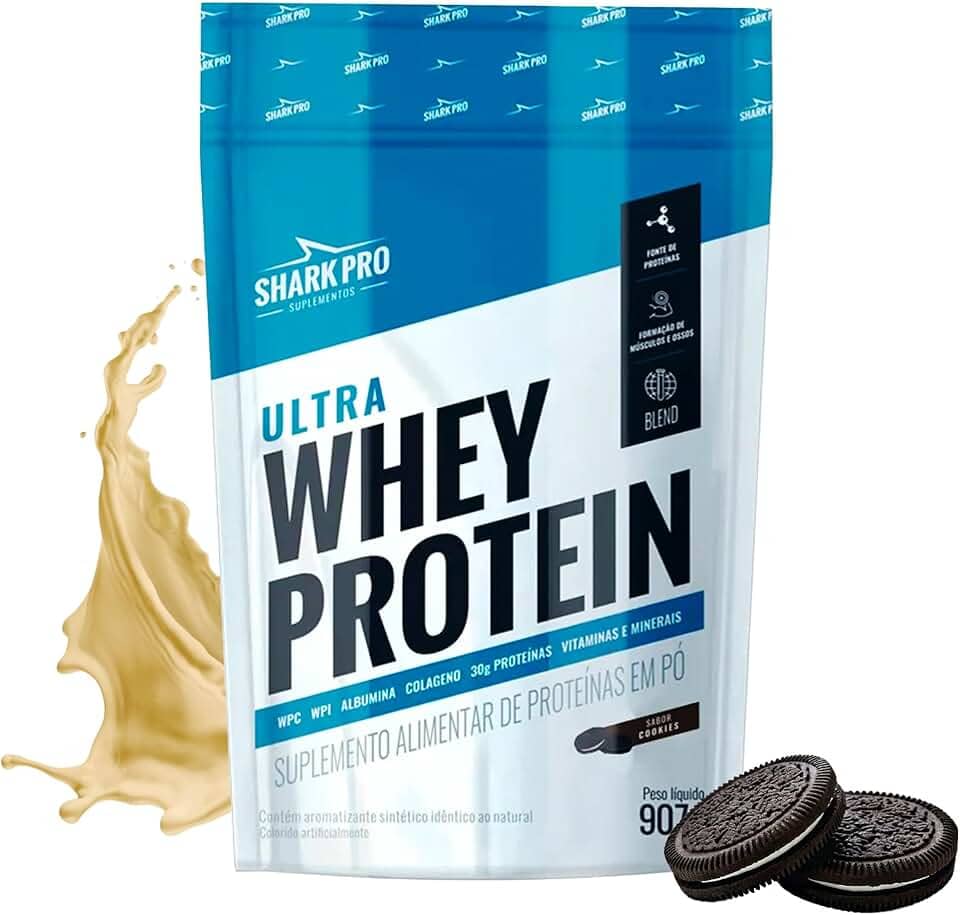 Shark Pro Ultra Whey Protein Sabor Cookies - 30g de Proteínas - Suplemento Alimentar de Proteínas em Pó - WPC e WPI - Fórmula com Colágeno e Albumina - 907g Pouch