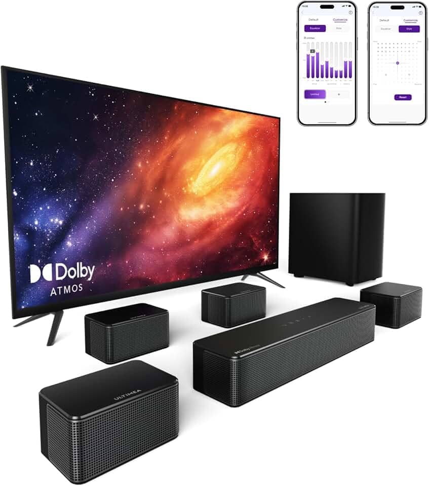 ULTIMEA Soundbar 7.1 Canal com Dolby Atmos, Sistema Home Theater 3D Surround, Controle por App, Subwoofer Sem Fio e 4 Alto-Falantes com Cabo, 460W, Bluetooth 5.3, 6 Modos EQ, Poseidon D80