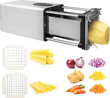Cortador elétrico de batatas fritas, aço inoxidável com lâmina de 1/2 e 3/8 polegada, cortador de batatas fritas para restaurantes e cozinha doméstica, para batatas, cenouras, cebolas, pepinos, maçãs