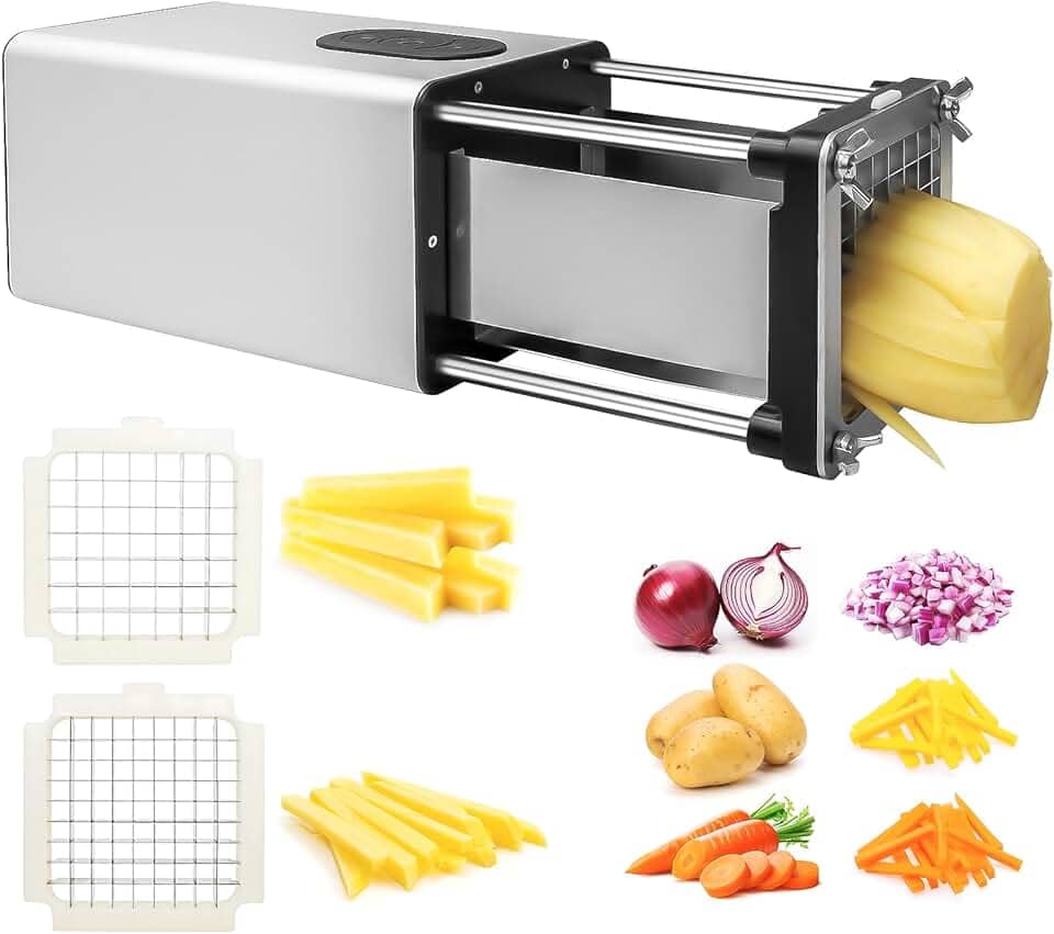Cortador elétrico de batatas fritas, aço inoxidável com lâmina de 1/2 e 3/8 polegada, cortador de batatas fritas para restaurantes e cozinha doméstica, para batatas, cenouras, cebolas, pepinos, maçãs