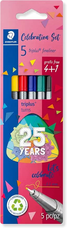 STAEDTLER Caneta Ponta Fina Triplus Fineliner 0.3mm - 334 BK5 TA - Estojo - 5 Cores (4+1) Sortidas - Corpo Ergonômico Triangular – Ideal para Escrita e Bullet Journal