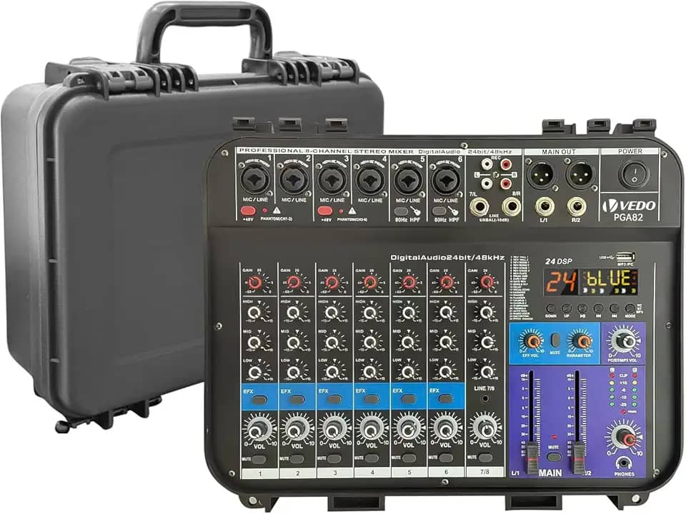 VEDO Mixer de áudio profissional portátil de 8 canais com dois amplificadores de 150 W, Bluetooth 5.0, fonte de alimentação de 48 V e porta USB para PC/MP3 para apresentações ao vivo e conferências