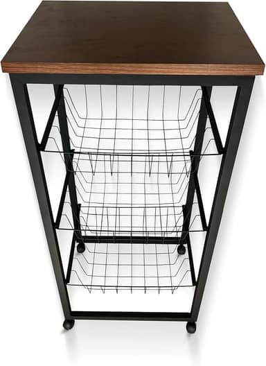 Fruteira De Chão Cozinha Em Aço Com Rodinhas (Preto/Amadeirado)