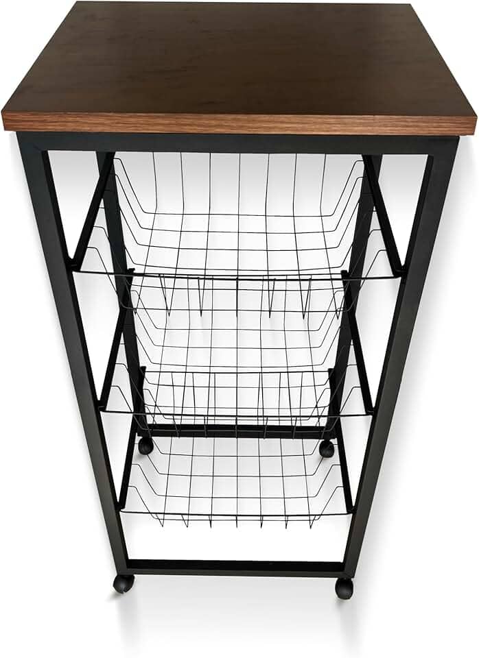 Fruteira De Chão Cozinha Em Aço Com Rodinhas (Preto/Amadeirado)