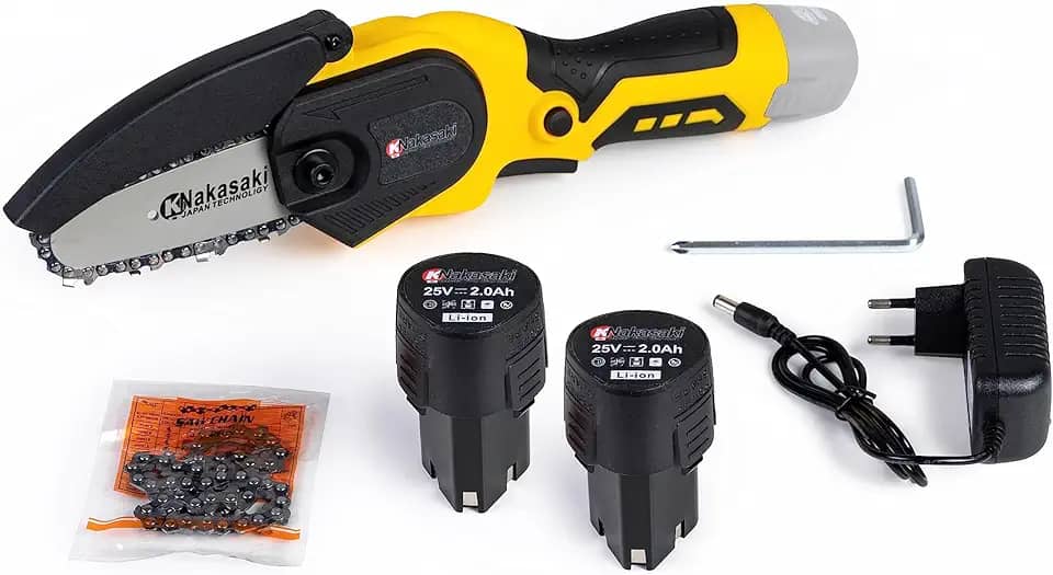 Motosserra a Bateria, 25V, 800W, Carregador e 2 Baterias, Motosserra Recarregável, Podadora Portátil, Podadora Mini