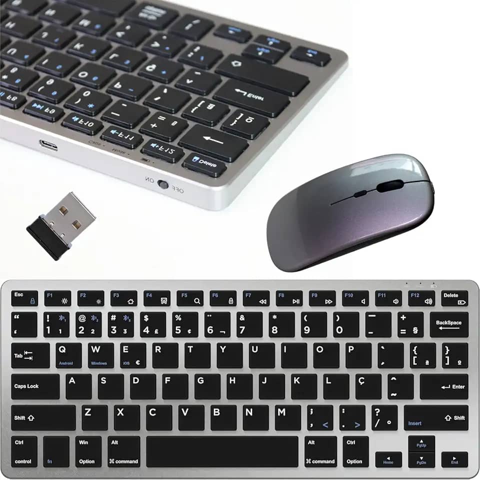 Kit Teclado e Mouse Sem Fio Recarregável Prime. Compatível com Notebook, Celular, Tablet, Windows, Mac, Linux e Android. Layout Nacional. Conexão Bluetooth 5.0/USB 2.4GHz Design Compacto e Ergonômico