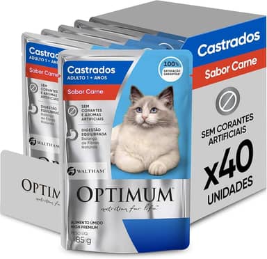 Pack Ração Úmida Optimum Sachê para Gatos Adultos Castrados Sabor Carne 85g - 40 unidadaes