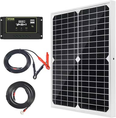 Kit Painel Solar 20W 12V Monocristalino com Controlador de Carga Solar 10A + Cabo de Extensão com Garras para Bateria e Terminal Olhal para Motorhome, Barco, Uso Marítimo e Sistema Off-Grid