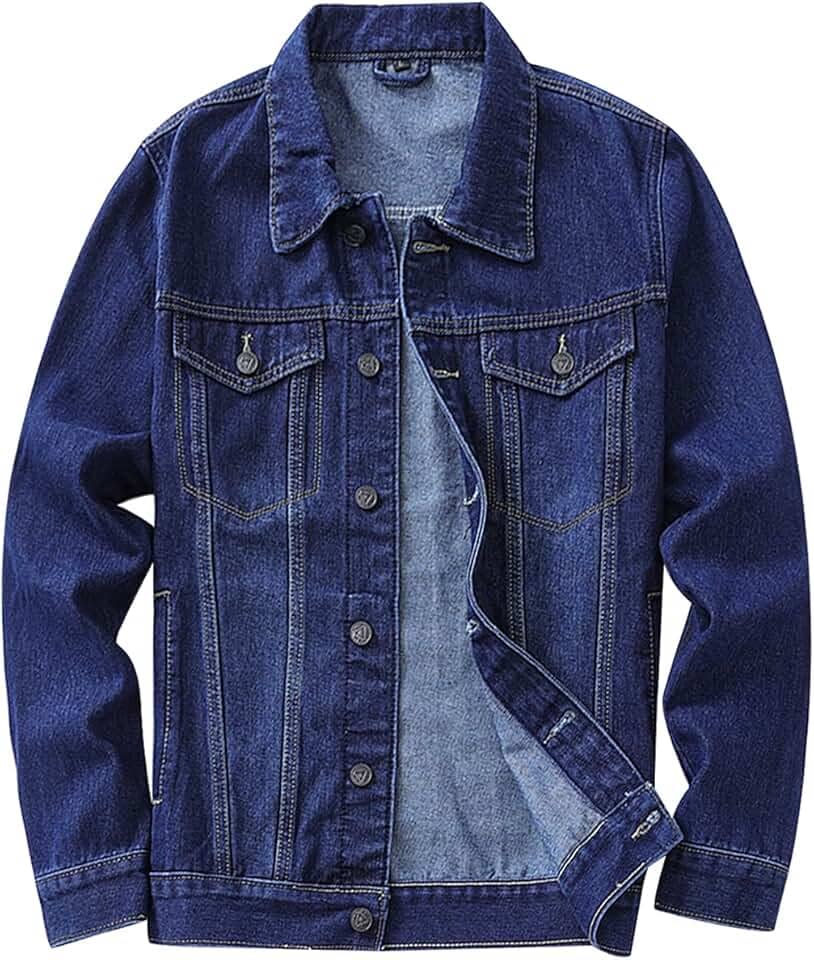 Jaqueta jeans masculina regular e de lã, botões rasgados, gola de pele removível