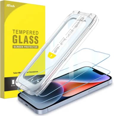 JETech Película de Vidro Temperado Instalação Um Toque para iPhone 16e 2025, iPhone 14 6,1 Polegadas, Protetor de Tela, Kit Ferramentas de Alinhamento Automático, Pacote de 2