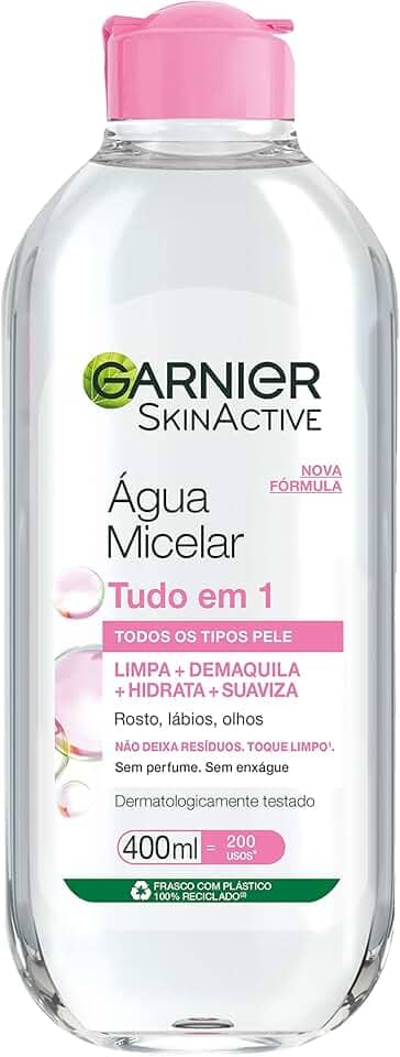 Garnier SkinActive Água Micelar de Limpeza Tudo em 1, Solução Demaquilante que Limpa, Tonifica e Remove Oleosidade, Fórmula Suave Sem Álcool para Todos os Tipos de Pele, 400ml