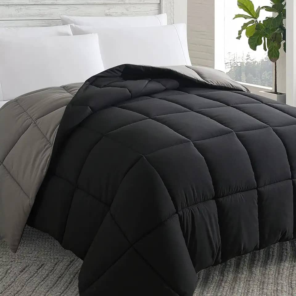 Cosybay Edredom alternativo de plumas (preto/cinza, Queen) - edredom de cama queen size acolchoado macio para todas as estações - enchimento de edredom com abas de canto - inverno verão quente fofo,