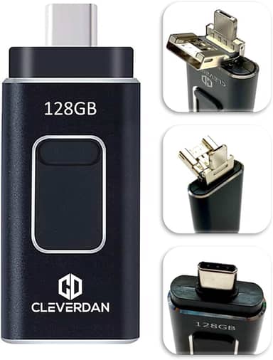 Pen drive USB 3.0 4 em 1 para iPhone e Android de 128 GB – Compatível com todos os seus dispositivos! iPhone iPad, Samsung, Moto Pixel, PC, Mac (backup fácil e armazenamento externo + aplicativo iOS