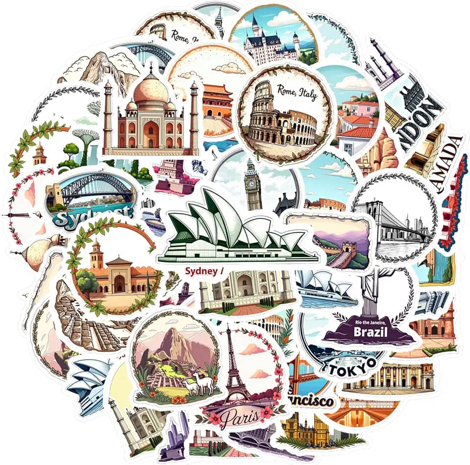 50 peças de marcos de viagem, turismo, arquitetura, marco cultural, adesivos de papelaria, adesivos de arquitetura artística, decalques para laptop, motocicleta, bagagem, telefone, laptop, bagagem