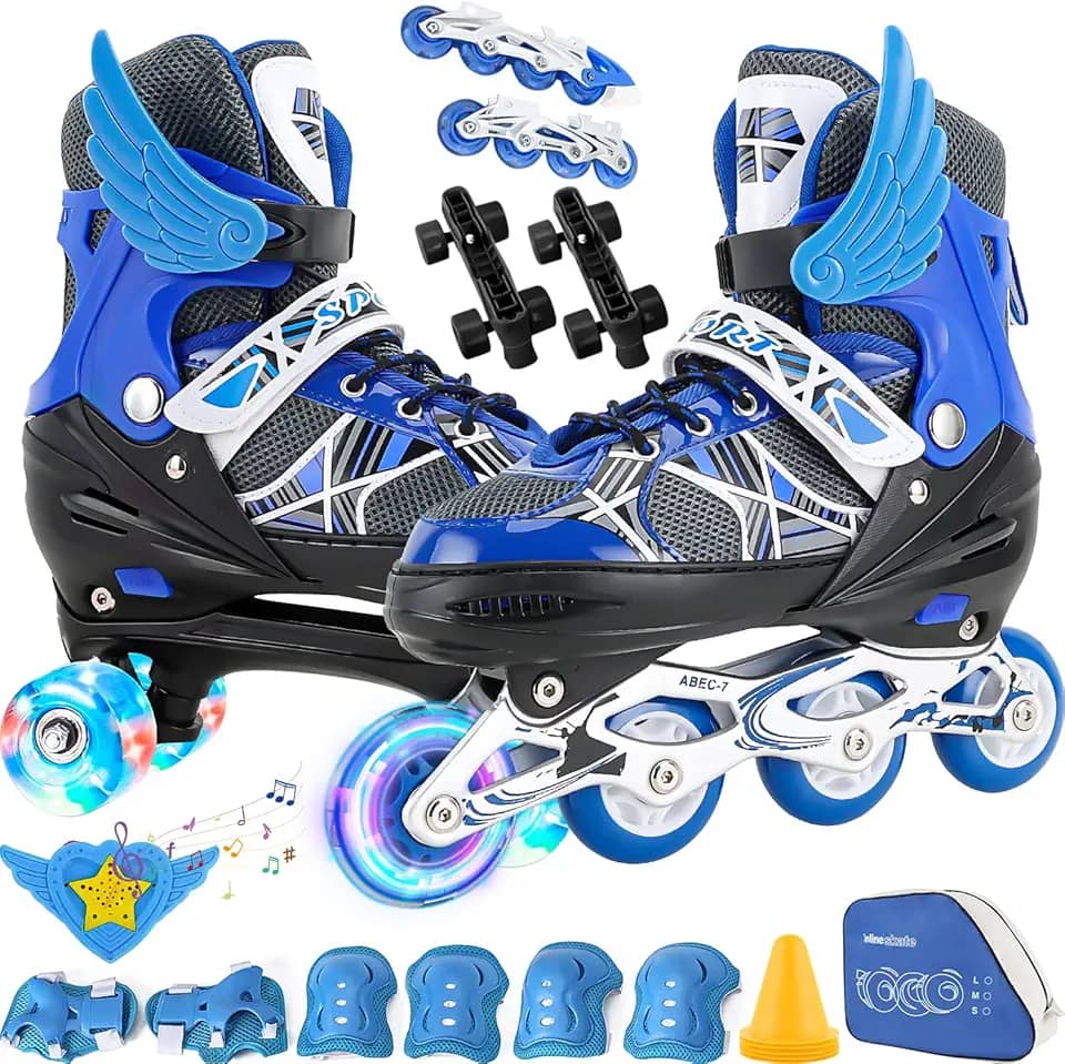 2 Em1 Patins Infantil Ajustável, Patins 4 Rodas, Patins Quad, Patins Infantil Menina, Ajustável com Bolsa e Kit Proteção, Para meninas, meninos e iniciante (Azul）M (33-37))