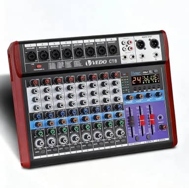 Mixer de Áudio de 8 Canais com Alimentação Fantasma de 48 V, Equalizador de 3 Bandas, 24 Efeitos DSP, Bluetooth 5.0 - Adequado para Gravação em Estúdio, Som ao Vivo, Shows em Palco e Karaokê