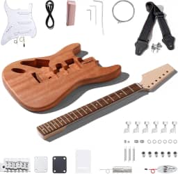 Leo Jaymz Kits de guitarra elétrica estilo esquerdo DIY ST com corpo de mogno e pescoço de bordo - escala de madeira de louro e todos os componentes incluídos (ST canhoto)