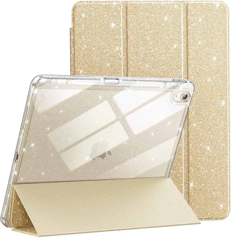 JETech Capa Glitter para iPad Air 11 Polegadas M3/M2 (2025/2024), iPad Air 5/4 (2022/2020) com Porta-Pencil, Case Fofa para Crianças e Meninas, Concha Traseira Claro e Brilhante (Ouro)