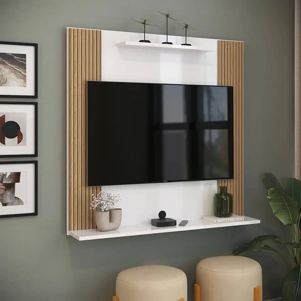 Painel Para TV 32" Sala Quarto Ripado C/Prateleira Suspenso (Branco/Ripado)
