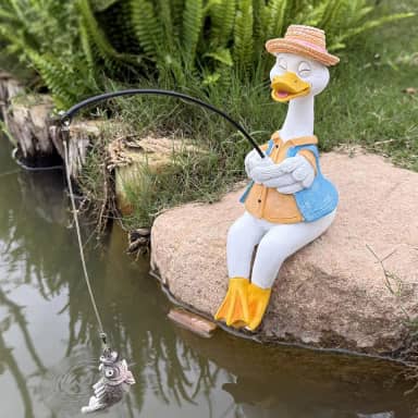 Estátua de pato de jardim para pesca ao ar livre, estátuas de ganso decorações para quintal 24 cm, escultura de pato de pesca, decoração de jardim, pescador para cachoeiras ou decoração de lagos de