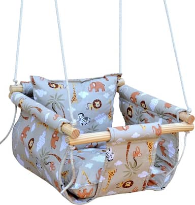 Balanço Bebê Infantil Tecido Madeira Corda Com Almofada (Bege-Zoo)