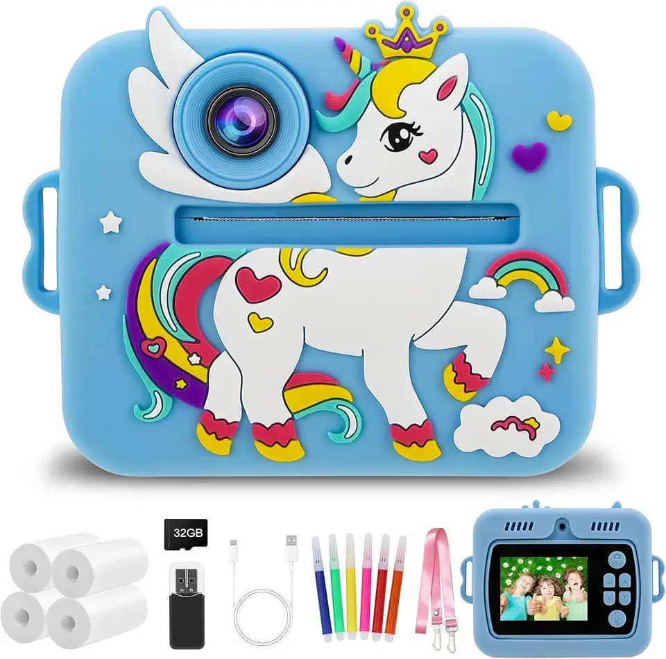 Câmera Infantil, Portátil Digital, Pode Selfie com 32GB Cartão, Papel Fotográfico, Canetas Coloridas, Vídeo HD, Brinquedos Meninas Meninos com Crianças de 3 a 14 Anos （Azul）