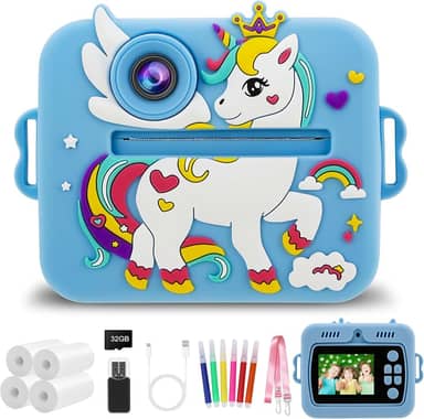 Câmera Infantil, Portátil Digital, Pode Selfie com 32GB Cartão, Papel Fotográfico, Canetas Coloridas, Vídeo HD, Brinquedos Meninas Meninos com Crianças de 3 a 14 Anos （Azul）