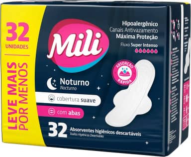 Absorvente Externo Mili com Abas Noturno, Cobertura Suave, Fluxo Super Intenso, 32 Unidades