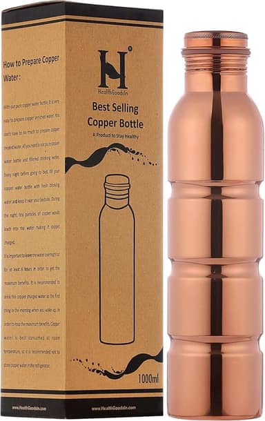 HealthGoodsIn - Garrafa de água de cobre puro sem costura da Traveller's para benefícios de saúde Ayurvédicos comporta água de 1000 ml | Sem juntas, à prova de vazamento
