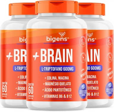 + Brain Triptofano 600mg Colina Relax e Foco, Biogens, Kit 3x 60 cápsulas