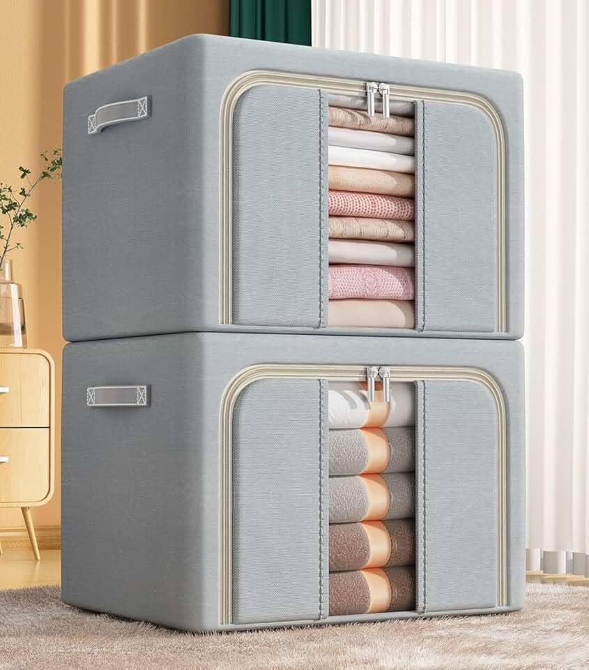 BEMMY Kit 2 Caixa de Armazenamento Organizadora de Tecido de Grande Capacidade com Estrutura de Aço Reforçada, Dobrável, Caixa de Armazenamento de Roupas Domésticas, 66L, 50 * 40 * 33CM