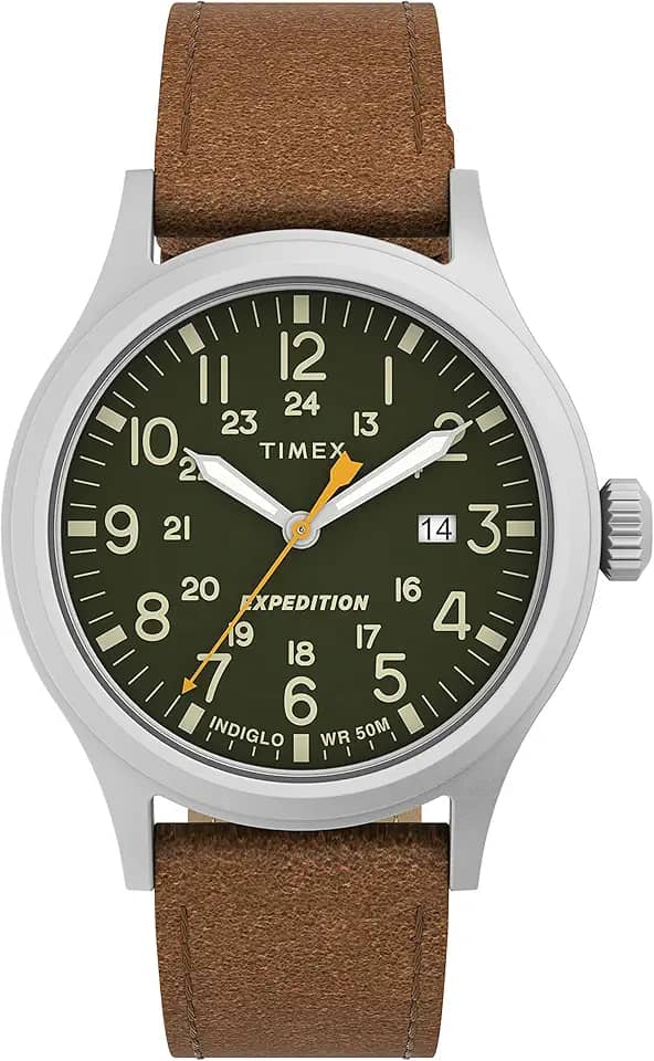 Relógio masculino Expedition Scout de 40 mm – caixa preta e mostrador com pulseira deslizante de couro oliva
