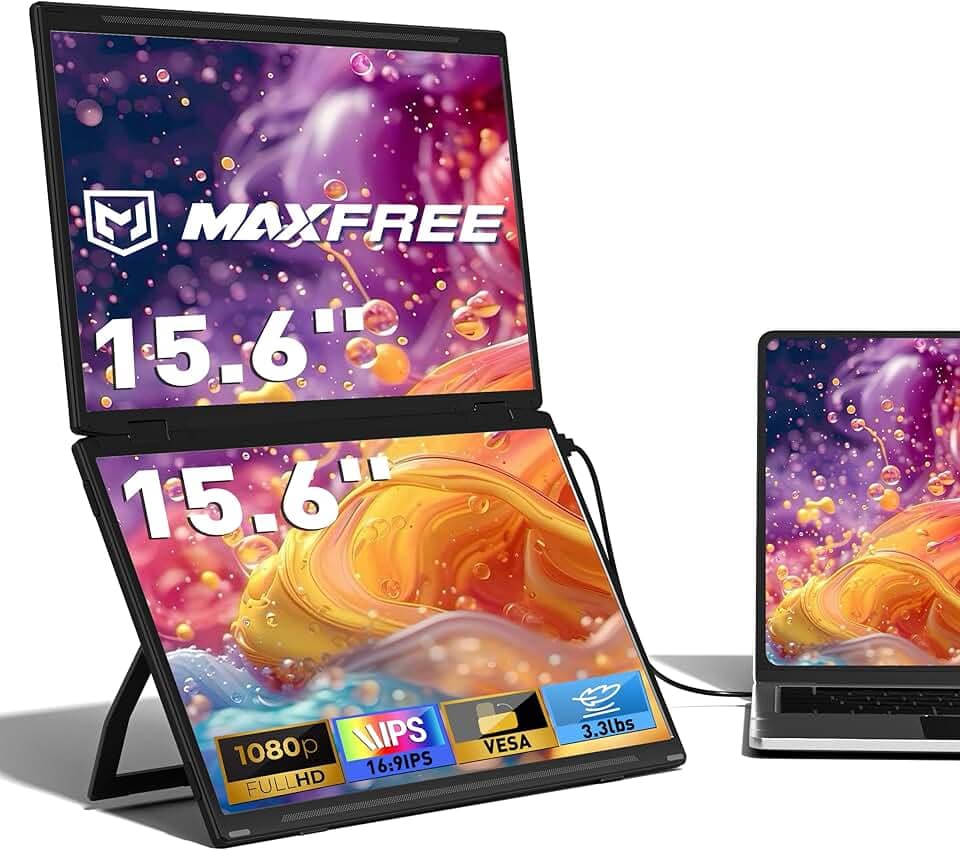 Maxfree Extensor de tela de laptop, monitor duplo portátil FHD de 15,6 polegadas 1080p com DP/Thunderbolt USB Tipo-C HDMI, monitor duplo portátil dobrável Plug & Play para laptop/PC/Windows/Mac (chips