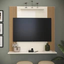 Painel Para TV 32' Sala Quarto Ripado C/Prateleira Suspenso (Off White/Ripado)