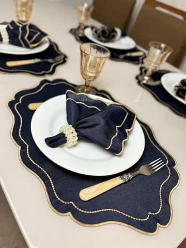 Kit Jogo Americano Realeza Com Guardanapo Bordado Mesa Posta Sousplat (Azul Bord Dourado, 4 Peças)