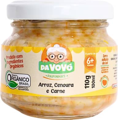Da Vovó, Papinha Infantil, Linha +6, Orgânica, Sabor Arroz, Cenoura e Carne, 100ml