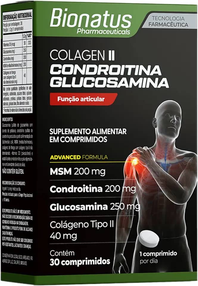 Bionatus, Colágen II, Condroitína, Glucosamina, Suplemento alimentar, MSM 200mg + Condroitina 200mg + Glucosamina 250mg + Colágeno Tipo II 40mg, 30 cápsulas • 30 doses, Preto