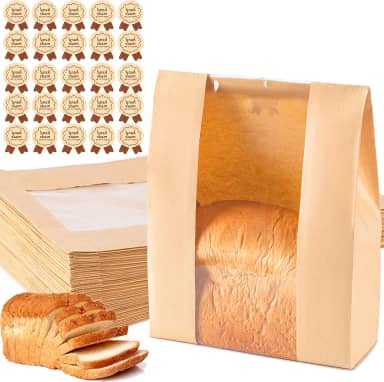Sacos de pão de papel, 25 peças, sacos de pão de fermento para pão caseiro, sacos grandes de padaria com janela incluem 25 peças de adesivos de selo de etiqueta para armazenamento de pão caseiro (35 x