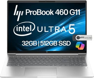 HP ProBook 460 G11 Business Laptop 40.6 cm FHD+ Display, Intel Core Ultra 5 125U (Beats i7-1355U), 32GB DDR5 RAM, 512GB NVMe, Wi-Fi 6E, RJ-45, webcam, teclado retroiluminado, Win 11 Pro - Plástico