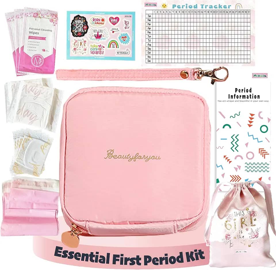 Kit de período essencial para meninas | Kit MultipieYo para o primeiro período para meninas | Bolsas de período para meninas adolescentes | Presente de primeiro período com bolsa de armazenamento de