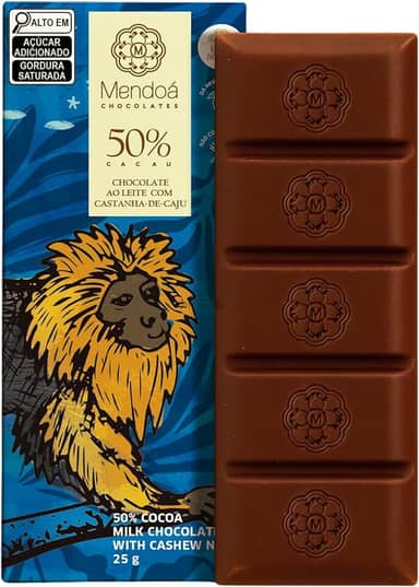 Mendoá, Barra de chocolate premium 50% de cacau ao leite com castanha de caju, Brasilis, 25 gramas