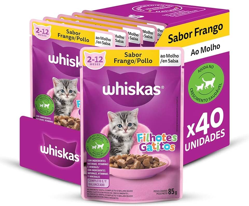Pack Ração Úmida Whiskas Sachê Frango ao Molho para Gatos Filhotes 85 g - 40 unidades